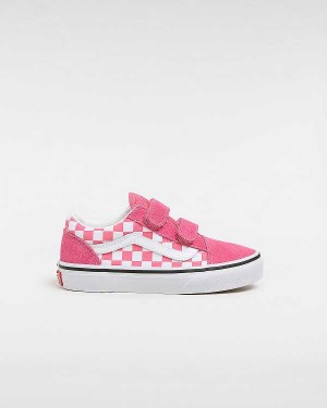 Kids' Vans Old Skool Hook and Loop Checkerboard (4-8 Years) Sneakers Pink Malaysia | VN8795164
