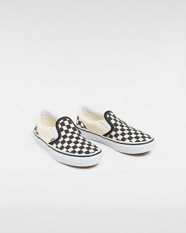 Kids' Vans Checkerboard Classic (4-8 years) Slip On Shoes Black / White Malaysia | VN3608475