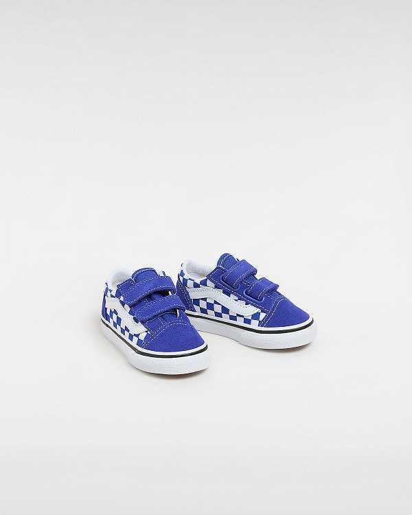 Kids' Vans Old Skool Hook and Loop Checkerboard (1-4 Years) Sneakers Blue Malaysia | VN9653247