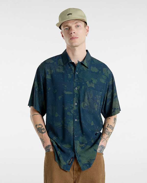 Men Vans Camp Loose Collar Shirts Blue Malaysia | VN0319587