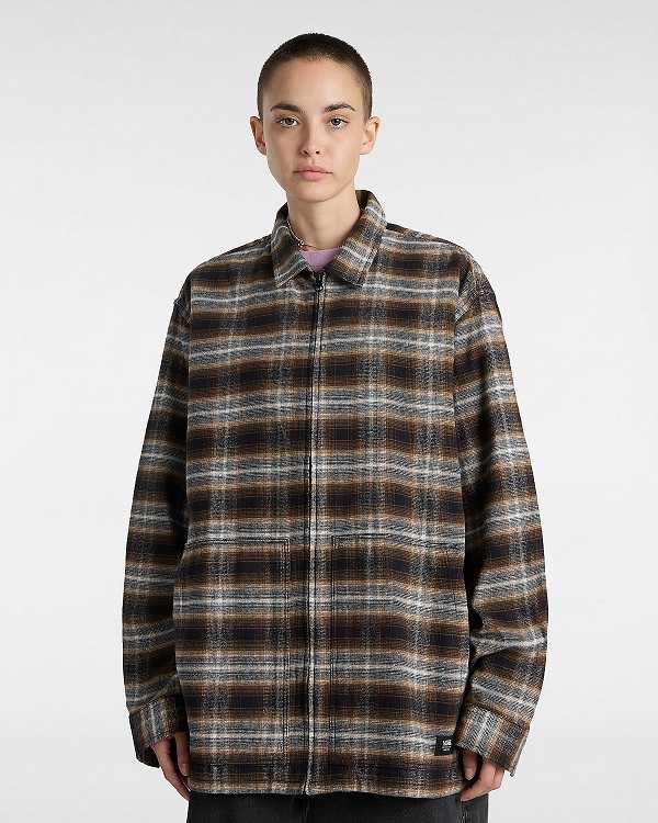 Men Vans Montwood Zip Flannel Shirts Brown Malaysia | VN4967513