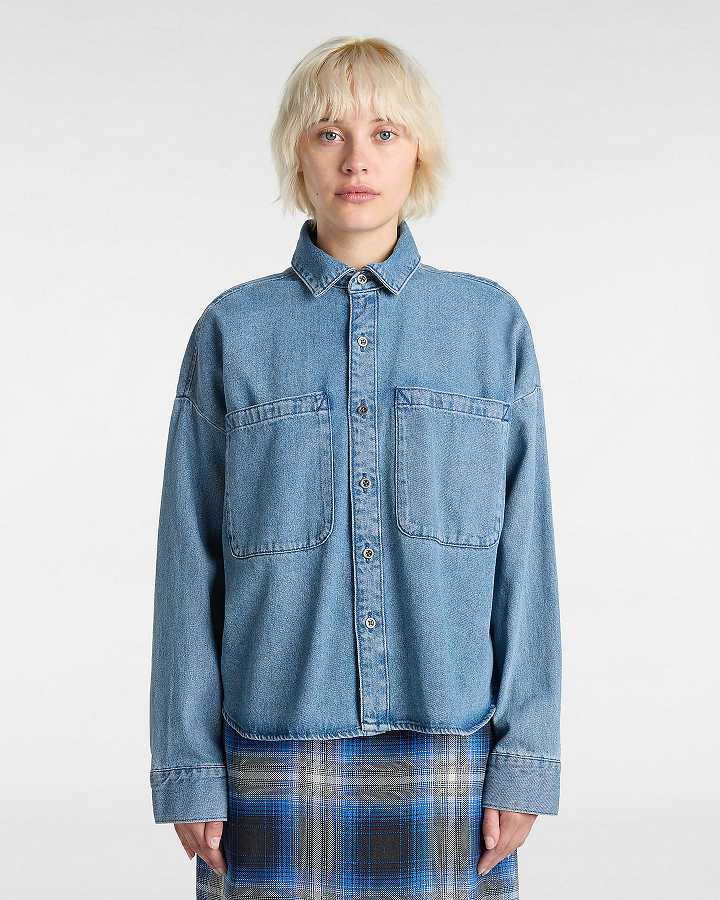 Women Vans Antica Boxy Denim Long Sleeve Shirts Blue Malaysia | VN5934267