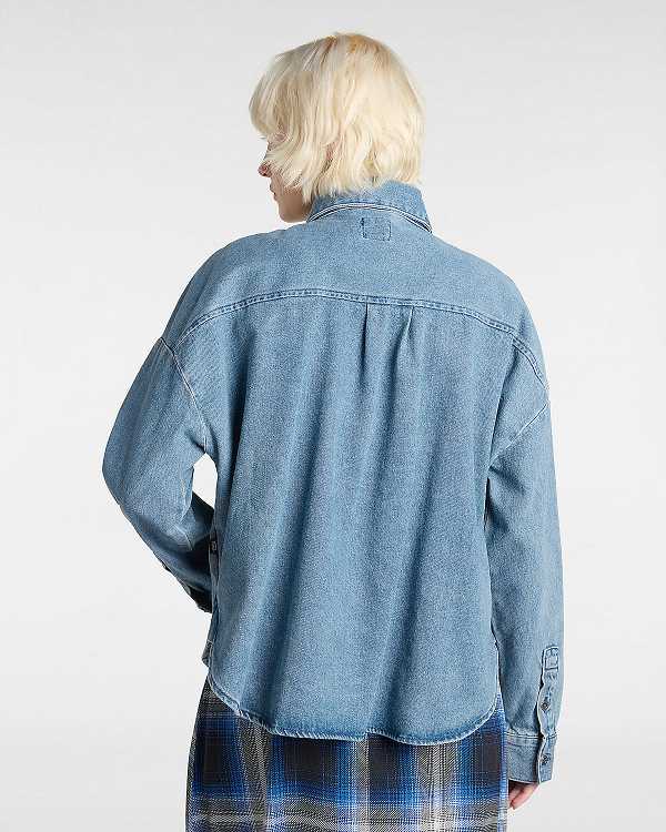 Women Vans Antica Boxy Denim Long Sleeve Shirts Blue Malaysia | VN5934267