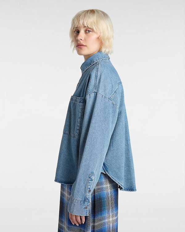 Women Vans Antica Boxy Denim Long Sleeve Shirts Blue Malaysia | VN5934267