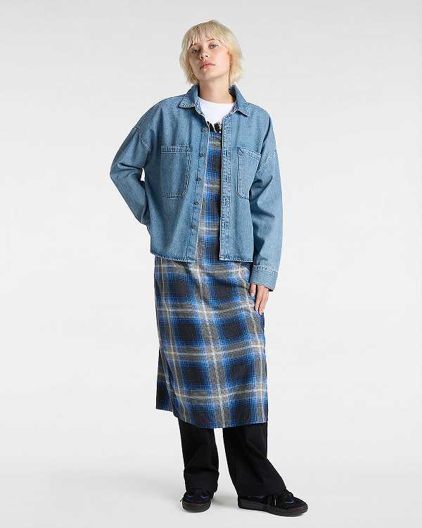 Women Vans Antica Boxy Denim Long Sleeve Shirts Blue Malaysia | VN5934267