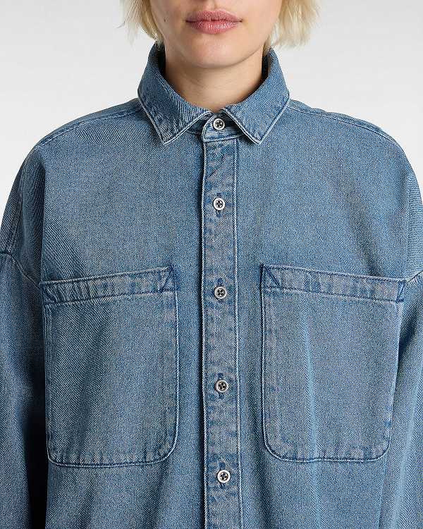 Women Vans Antica Boxy Denim Long Sleeve Shirts Blue Malaysia | VN5934267