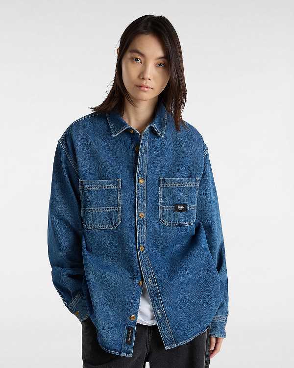 Women Vans Stevens Denim Long Sleeve Shirts Blue Malaysia | VN1096783